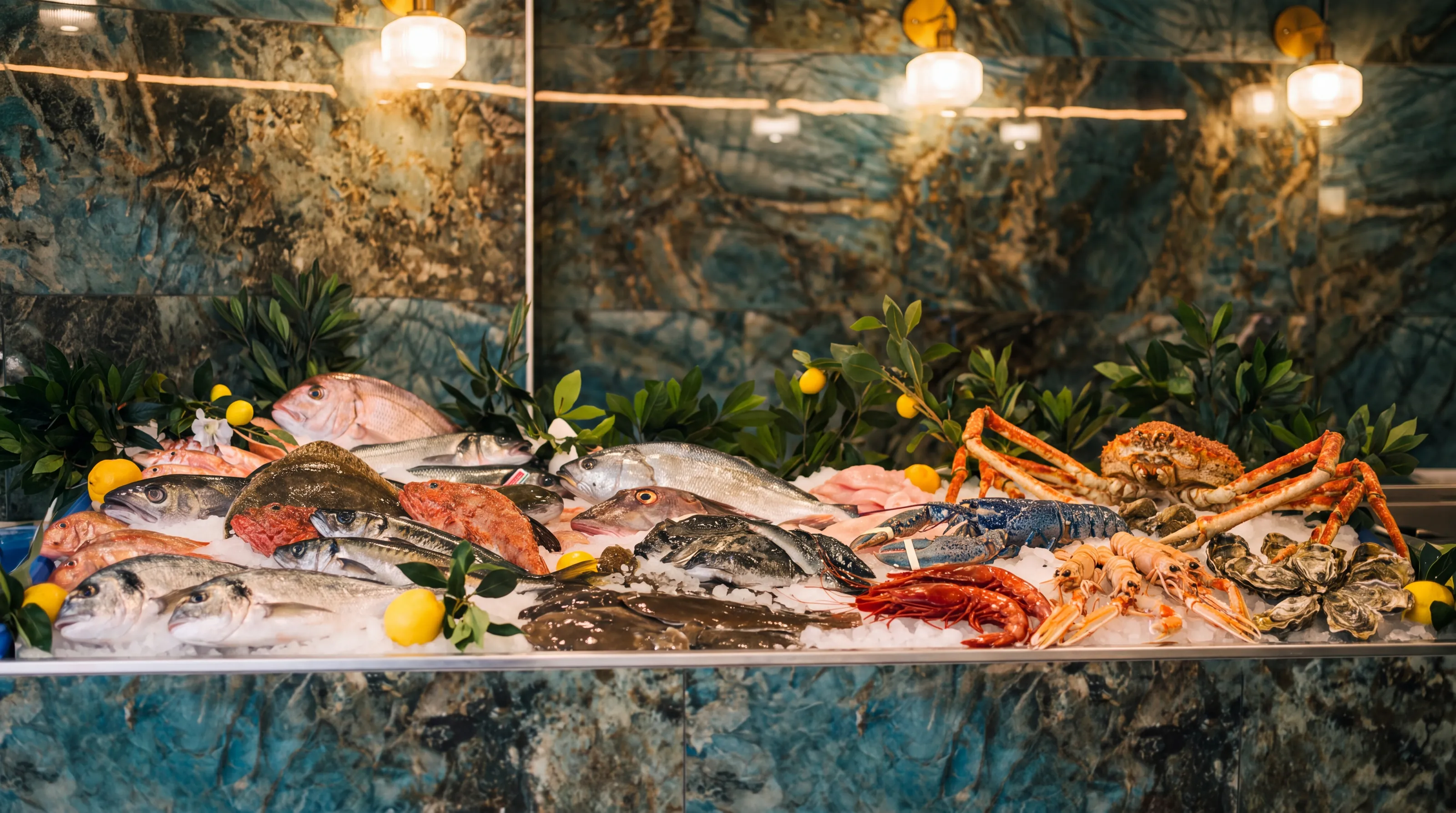 L'étal de La Pescheria à Antibes : poissons, homard bleu et crustacés sur glace pilée, comptoir et murs de marbre vert veiné d'or